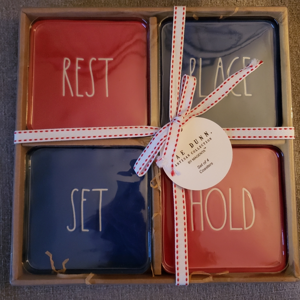 Brand new Rae Dunn red and blue coasters